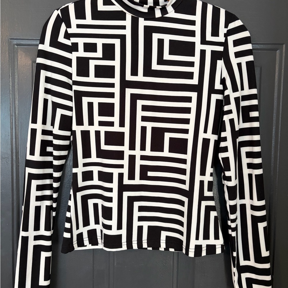 SHEIN Black & White Geometric Mock Neck Long Sleeve Top